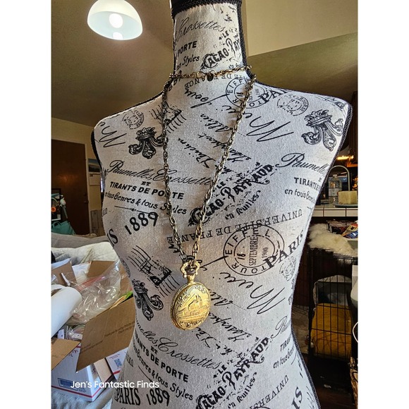 Milan Pocket Watch with Chain-link Necklace 39-46" Steam Punk Antique Gold - Picture 3 of 12